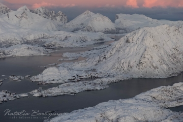 Lofoten,-landscape,-mountains,-sunset,-aero-photo,-snow,-winter,-pink