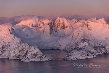 Lofoten,-landscape,-mountains,-sunrise,-aero-photo,-snow,-winter,-pink,-orange