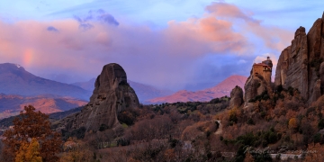 Meteora,-monastery,-mountains,-stones,-cloud-sky,--golden-autumn,-pink,-rainbow,-2x1