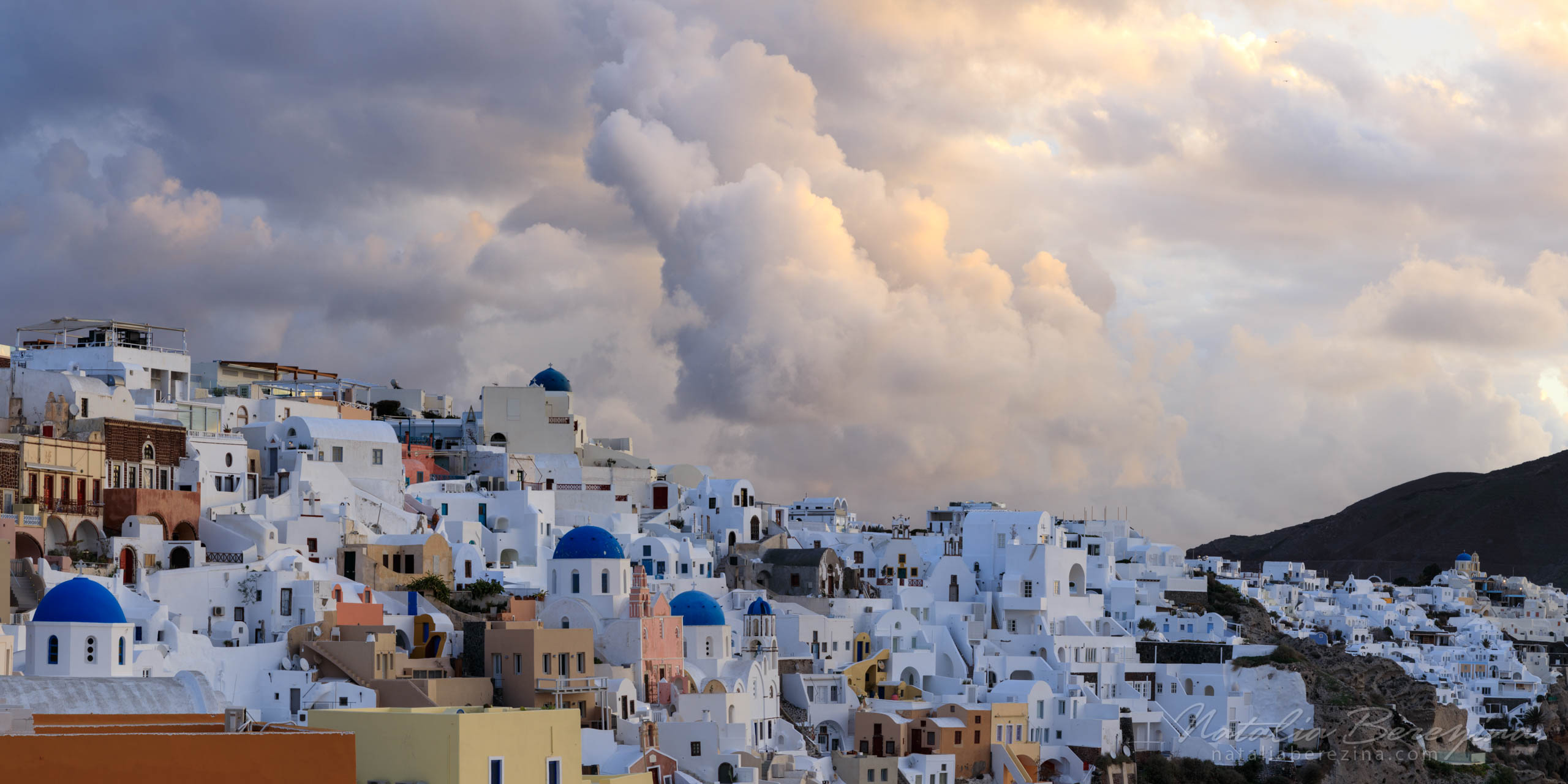Santorini (Thira), Cyclades, Greece, cityscape, sunset, chapel, clouds, 2x1 SA4-NB7B6A9363-P - Santorini (Thira), Greece - Natalia Berezina Photography