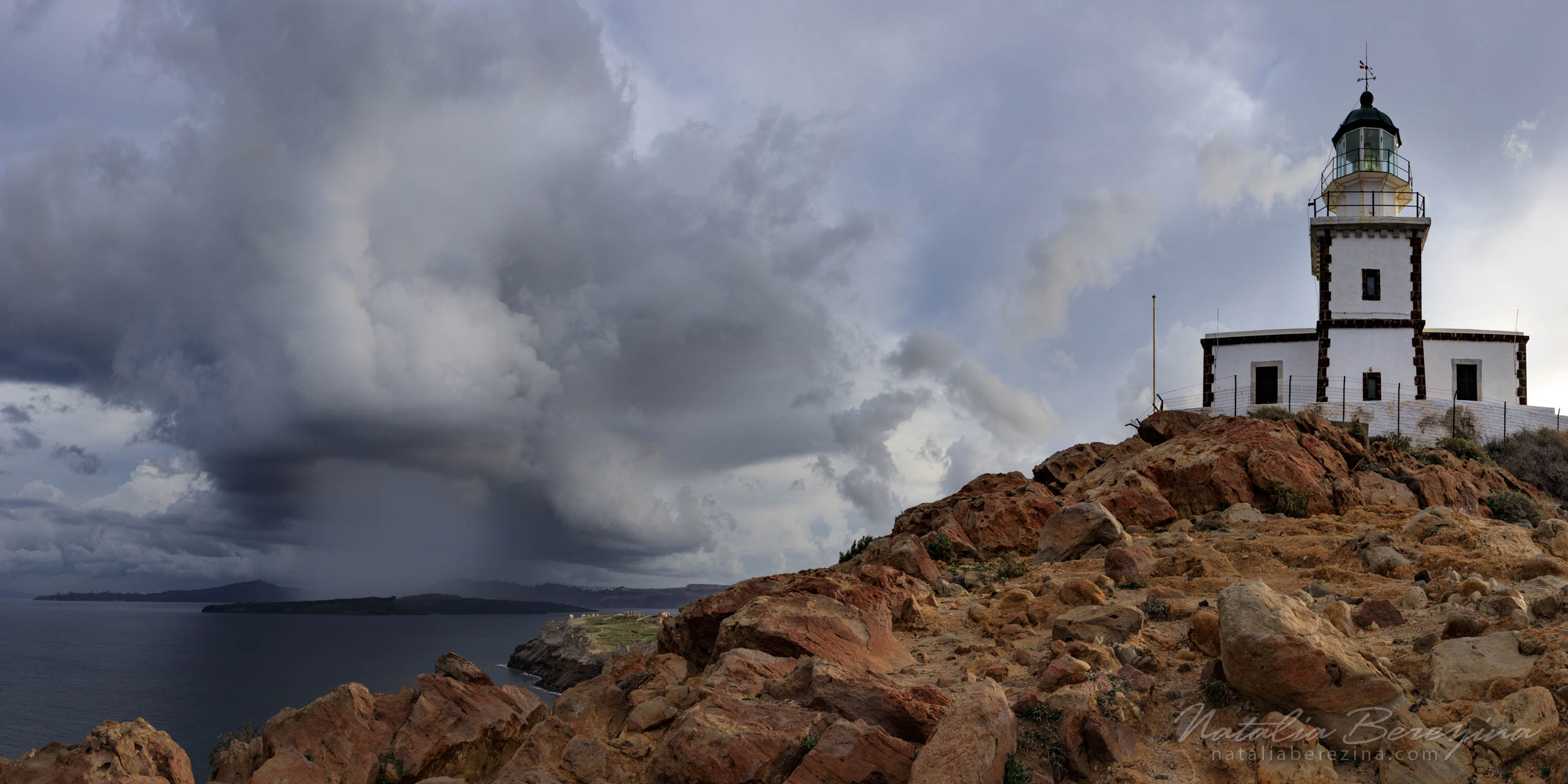Santorini (Thira), Cyclades, Greece, cityscape, clouds, rain, clouds, lighthouse, 2x1 SA4-NB7B6A9387-P - Santorini (Thira), Greece - Natalia Berezina Photography